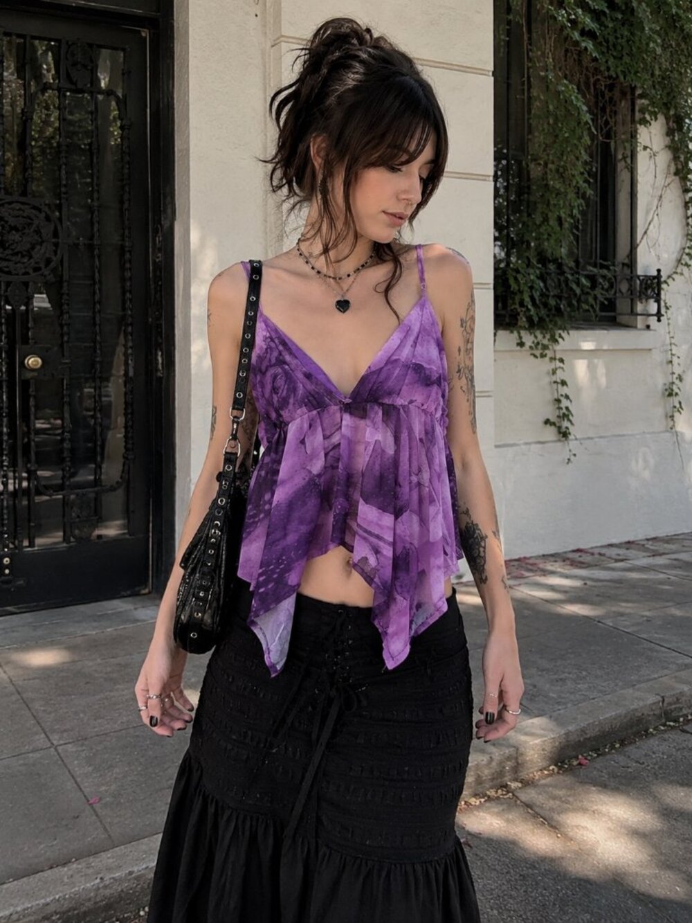 Forever 21 Purple Mesh Fairycore Handkerchief Cami | Y2K Whimsigoth Babydoll Top